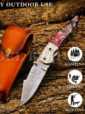 Damascus Folding Knife Red Marble Handle Outdoor Camping Hunting Gear